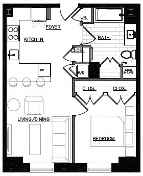 a floor plan of a small house with a kitchen and a living room